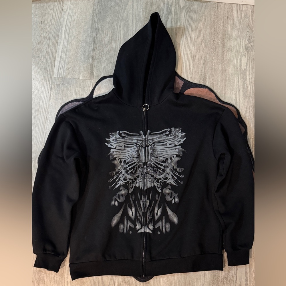 Black and grey zip-up hoodie with cool design